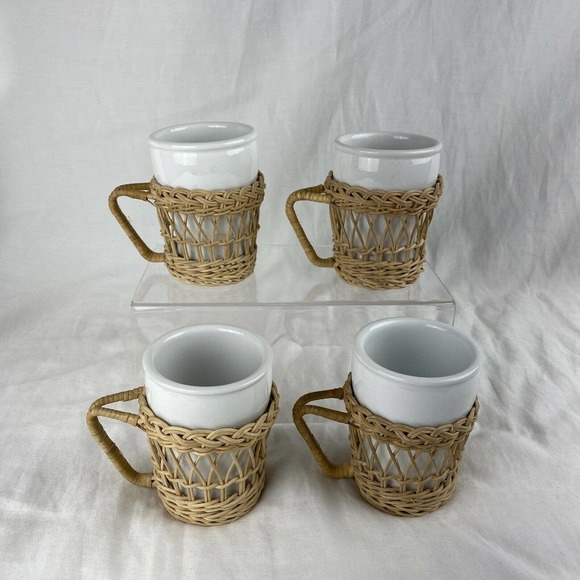 Vintage Other - Vintage Bohemian Tiki Mid Century Woven Rattan Wicker Mug Set of 4 Barware